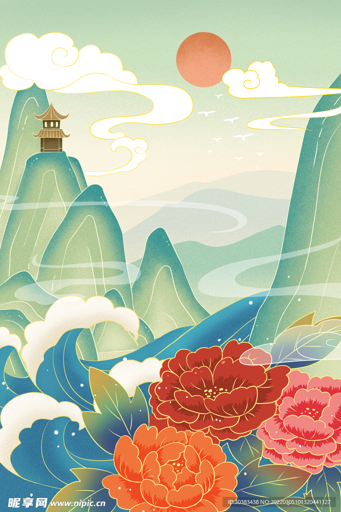 手绘花鸟山水风景画海报素材