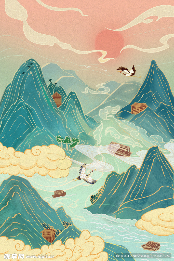 手绘花鸟山水风景画海报素材