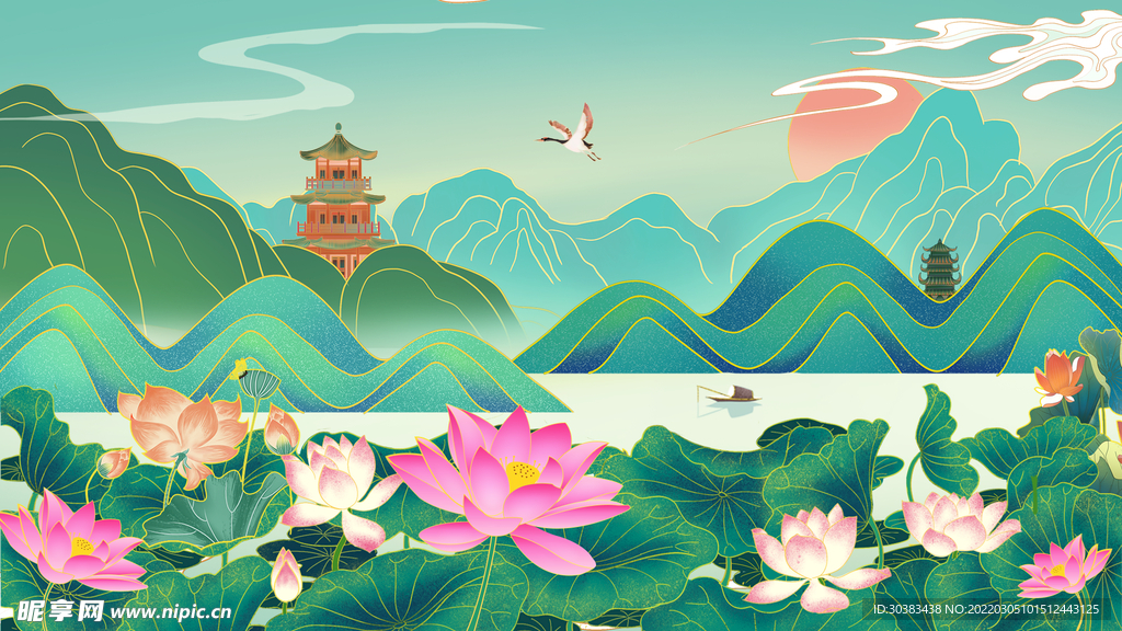 手绘花鸟山水风景画海报素材