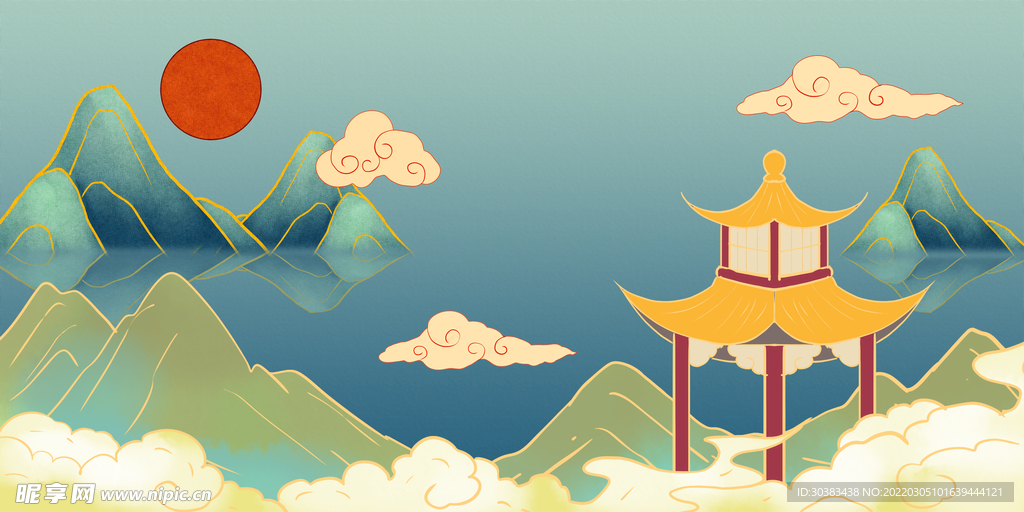 手绘花鸟山水风景画海报素材