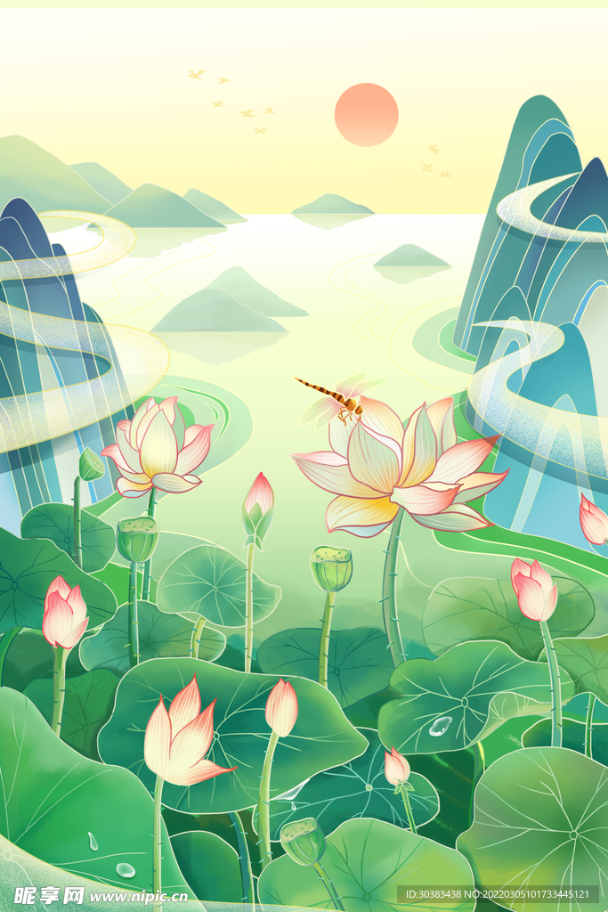 手绘花鸟山水风景画海报素材