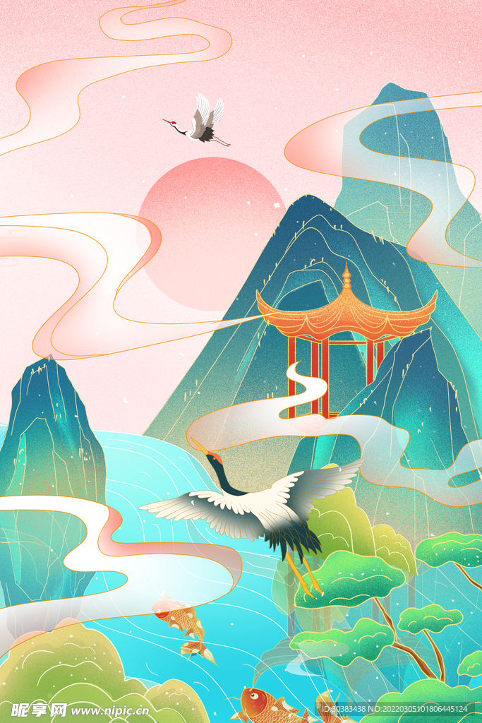 手绘花鸟山水风景画海报素材