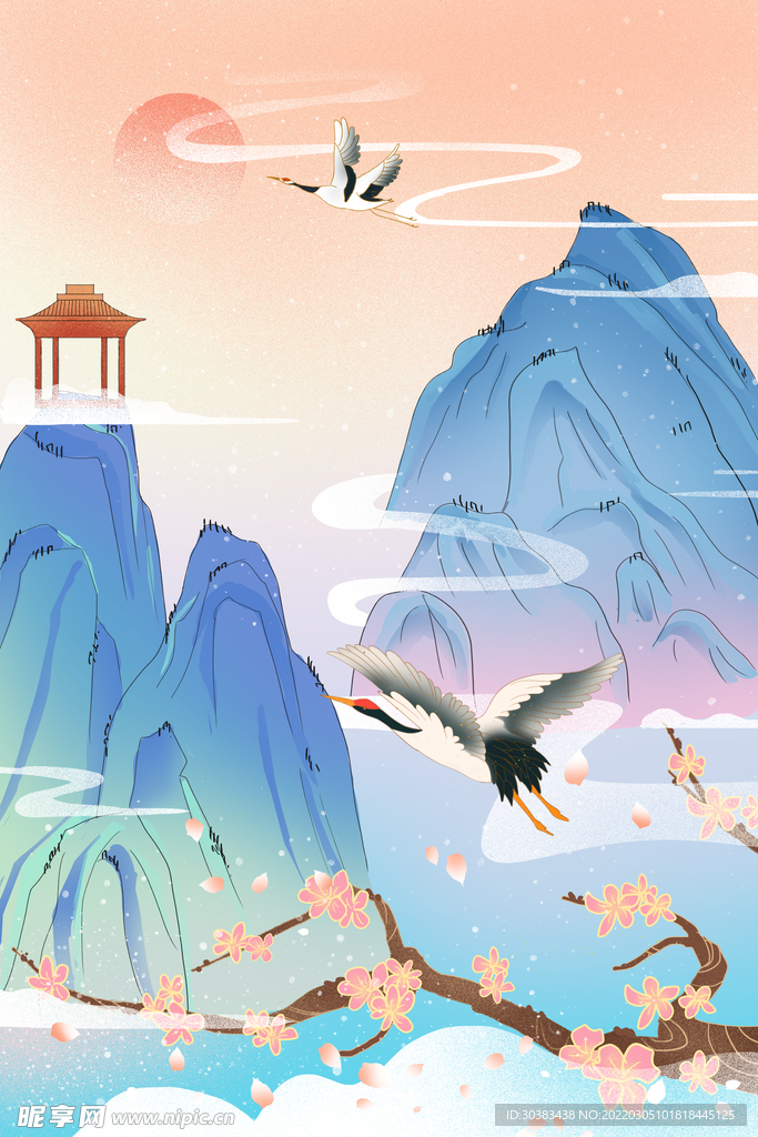 手绘花鸟山水风景画海报素材