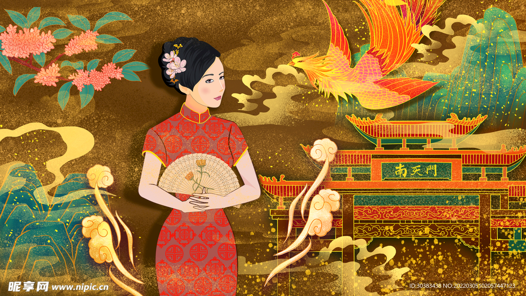 手绘花鸟山水风景画海报素材