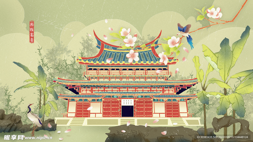 手绘花鸟山水风景画海报素材