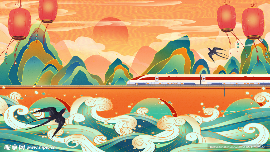 手绘花鸟山水风景画海报素材