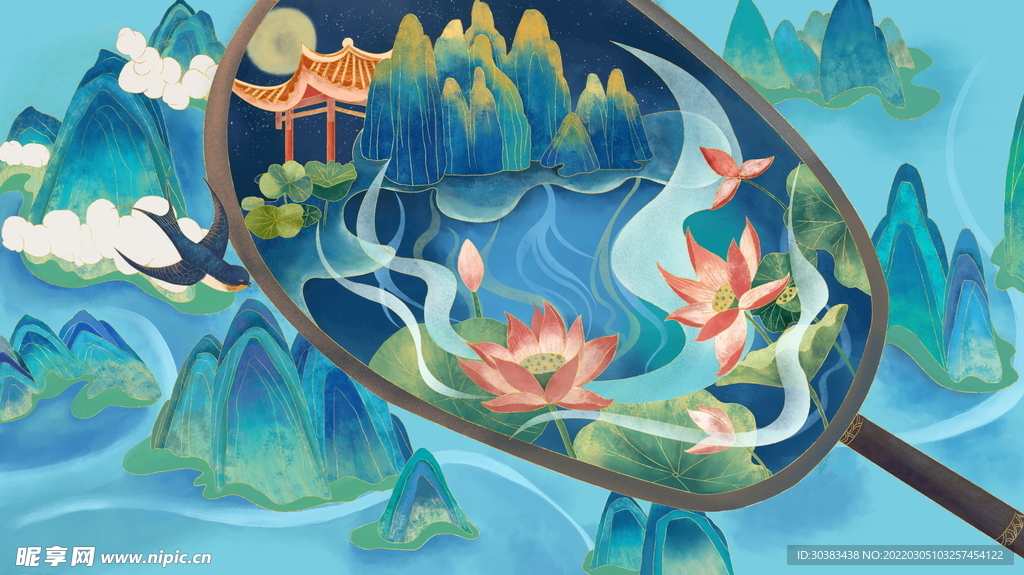 手绘花鸟山水风景画海报素材
