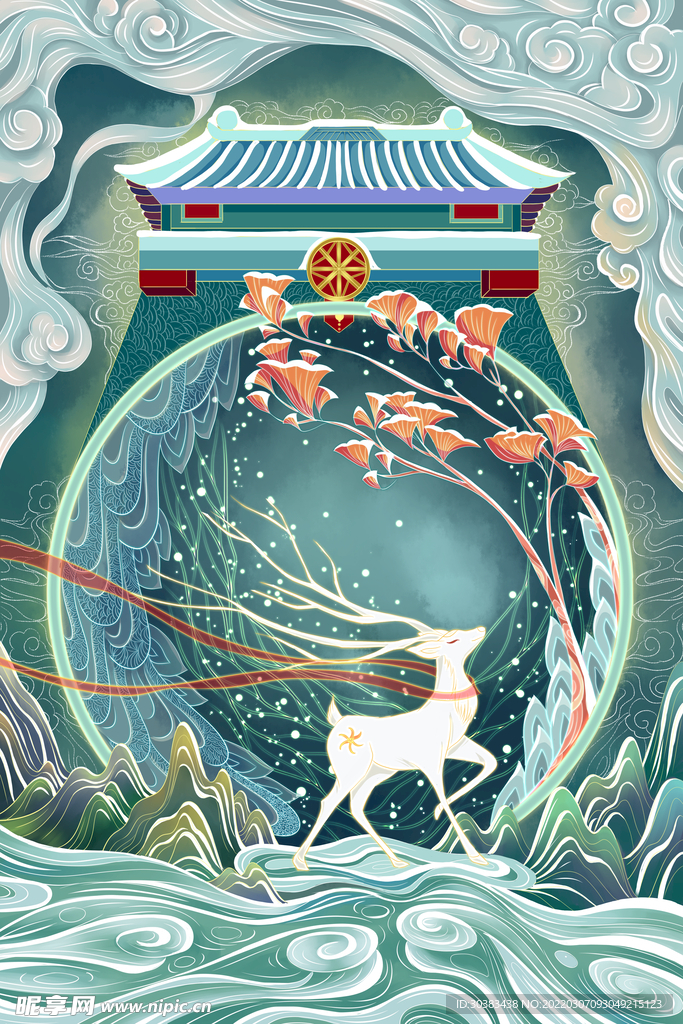 手绘花鸟山水风景画海报素材