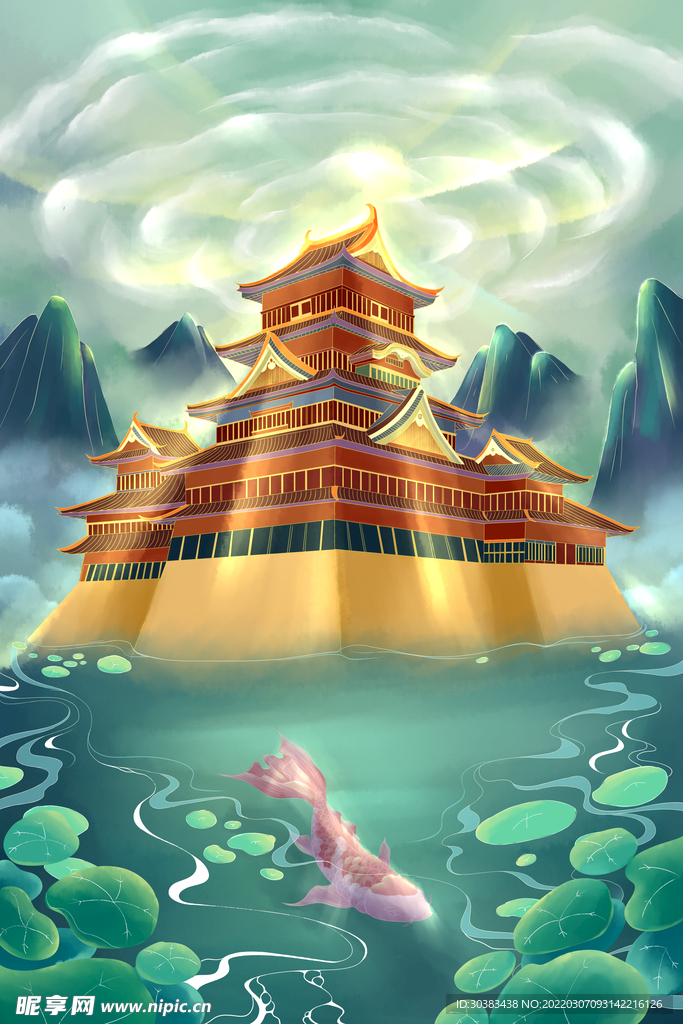 手绘花鸟山水风景画海报素材