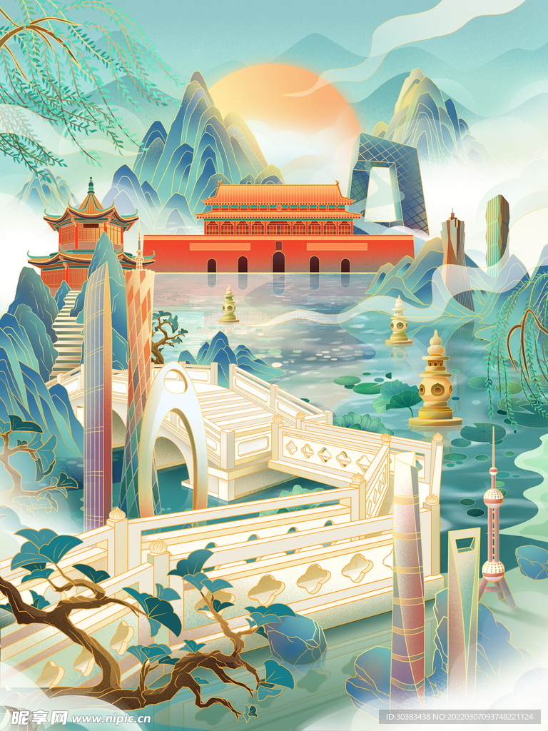 手绘花鸟山水风景画海报素材