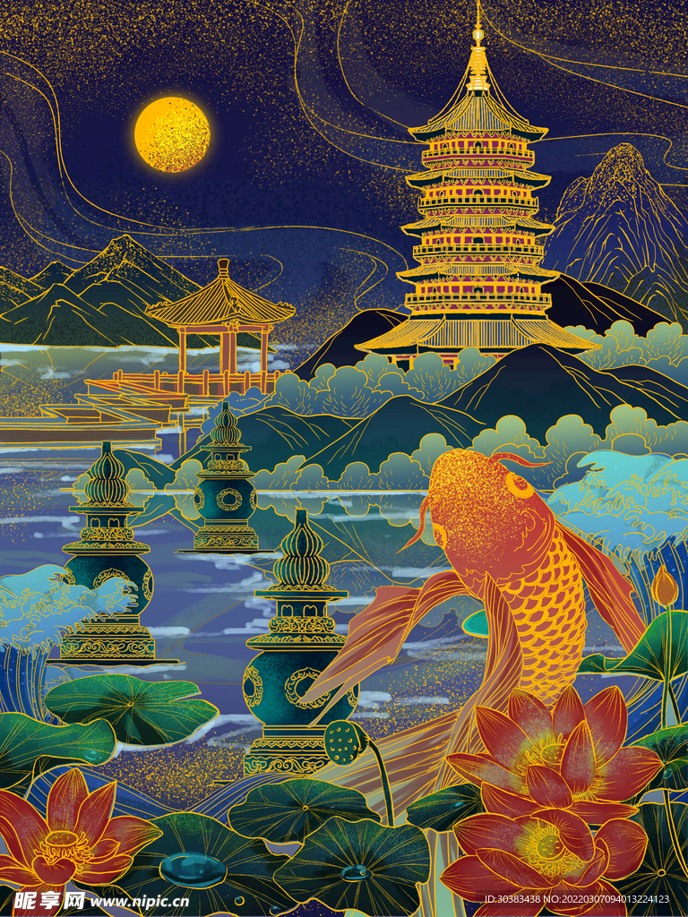 手绘花鸟山水风景画海报素材