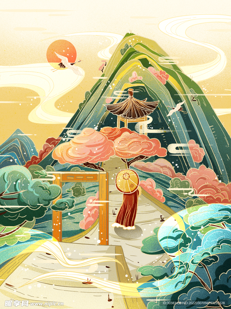 手绘花鸟山水风景画海报素材