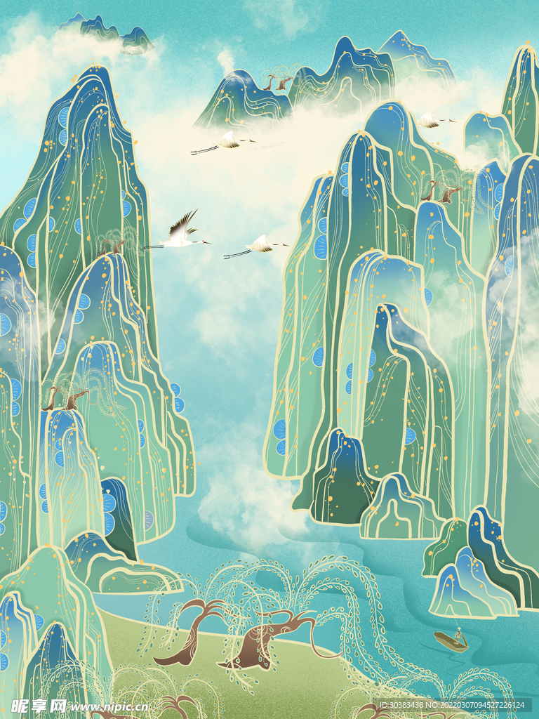 手绘花鸟山水风景画海报素材
