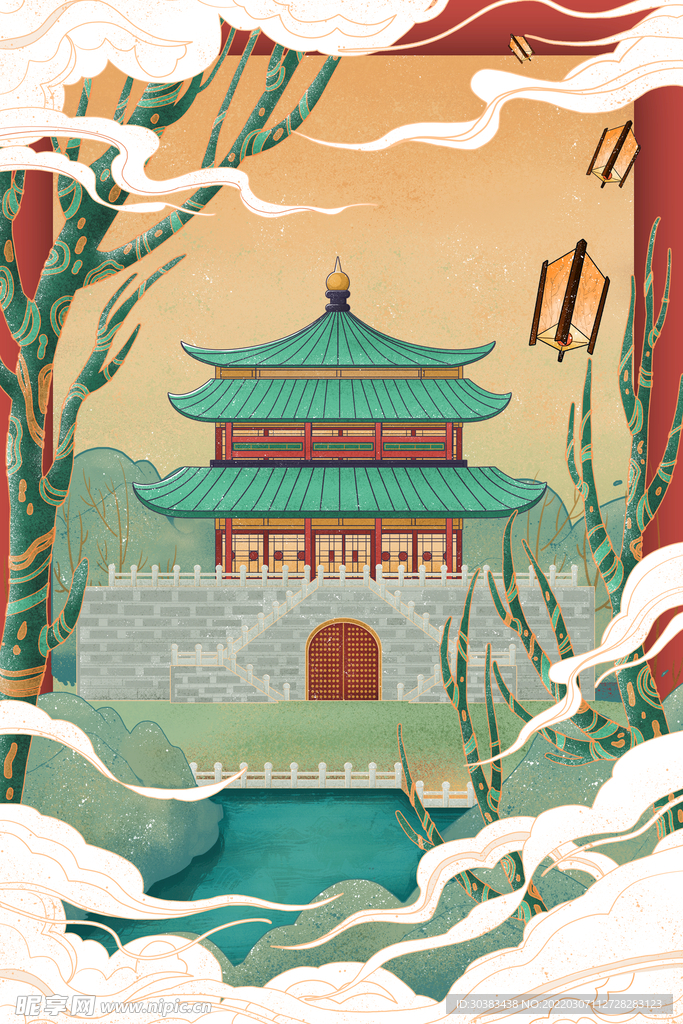 手绘花鸟山水风景画海报素材
