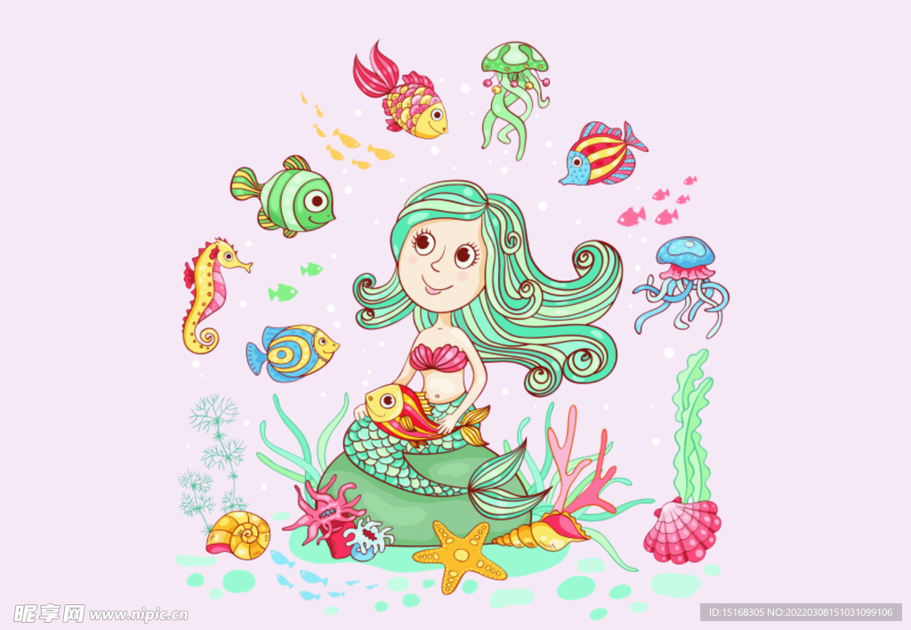 矢量美人鱼和鱼素材
