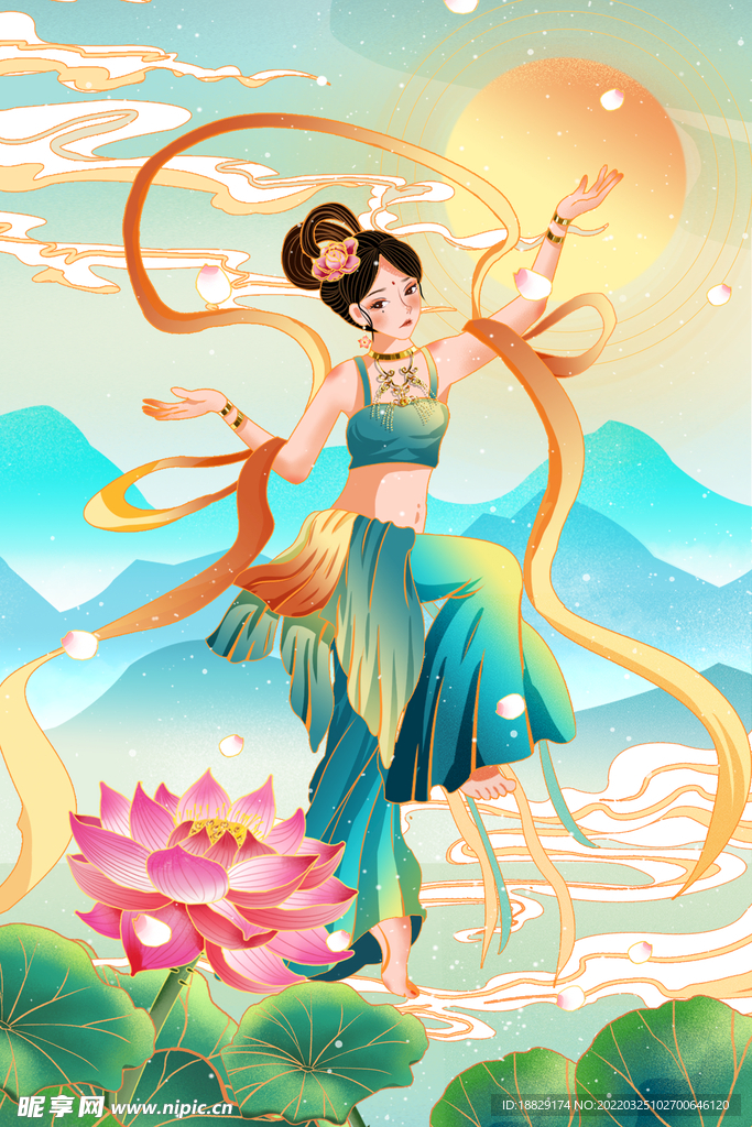 飞天手绘卡通仙女中国风荷花云山