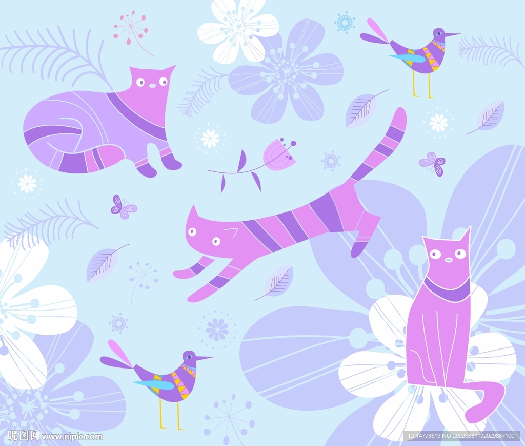 手绘矢量猫猫和小鸟图