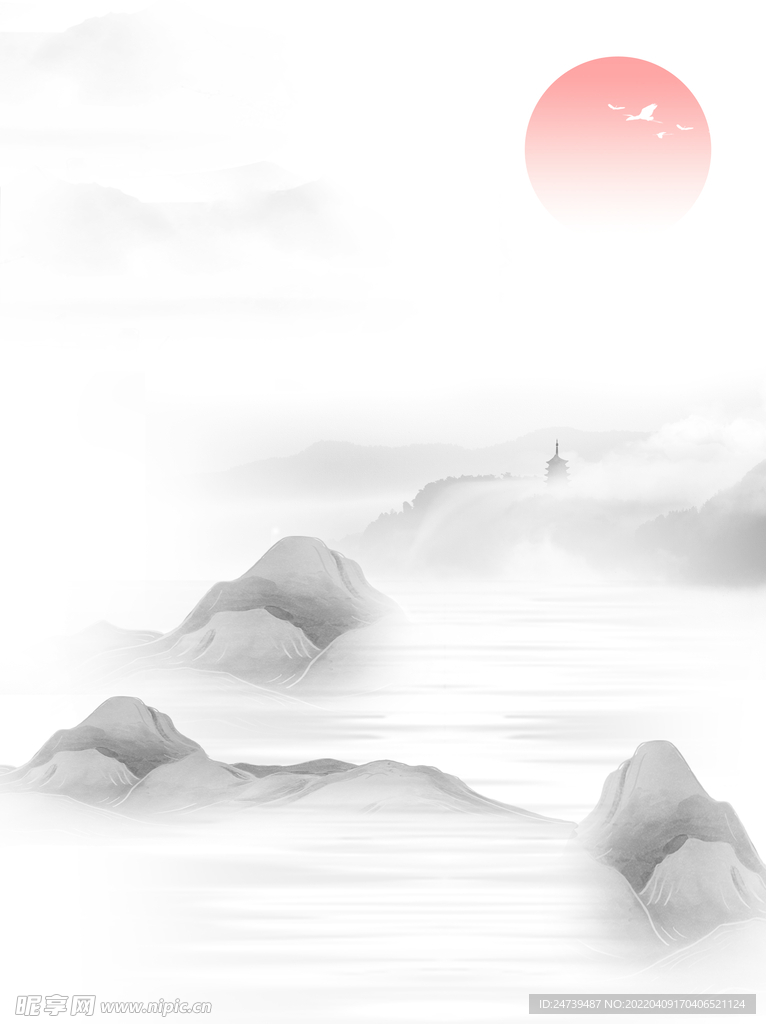 中国风飞鸟山水墨画