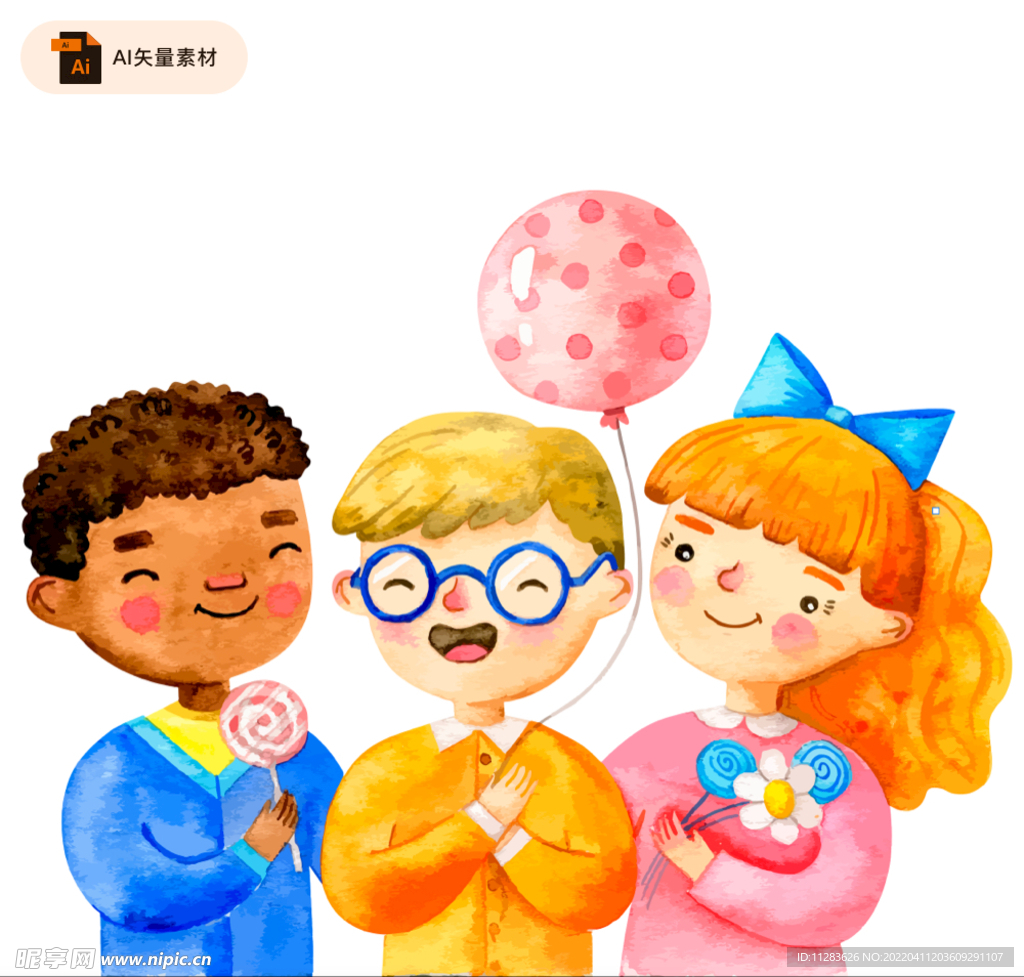水彩手绘男孩女孩矢量素材