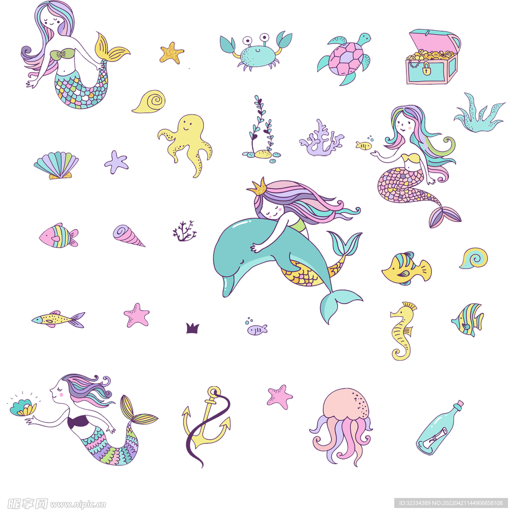 卡哇伊美人鱼卡通贴纸PNG免扣