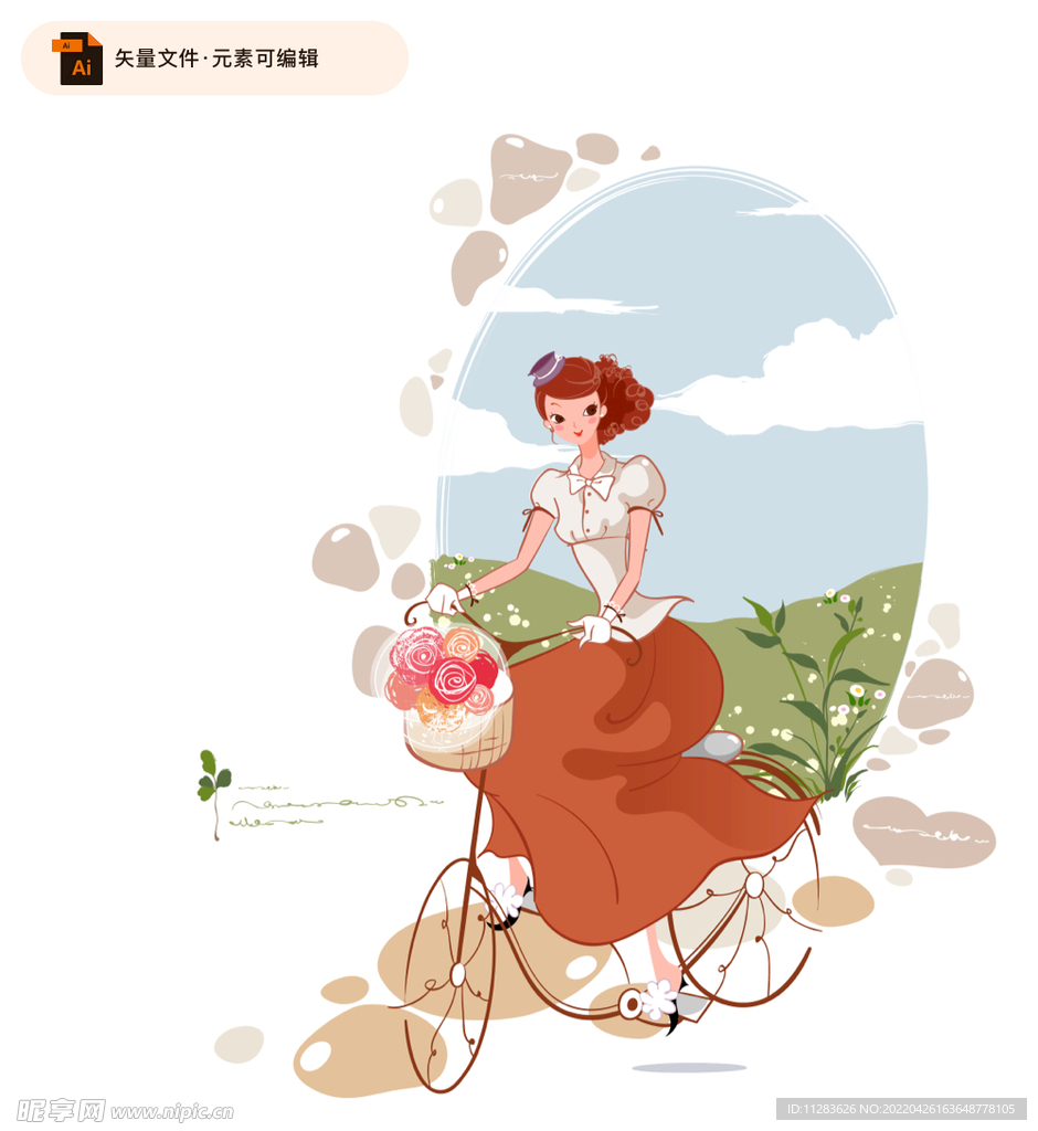 骑单车的美丽女郎矢量素材