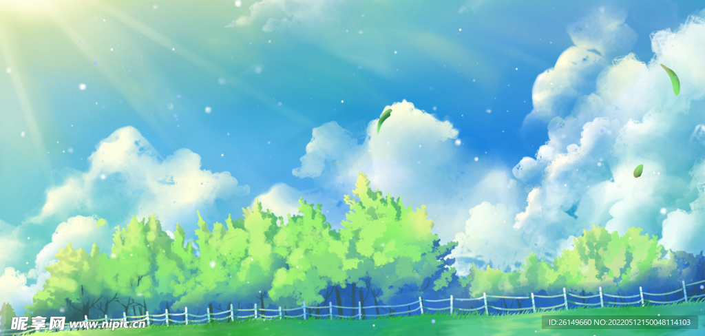 蓝色唯美卡通夏日炎热风景油画