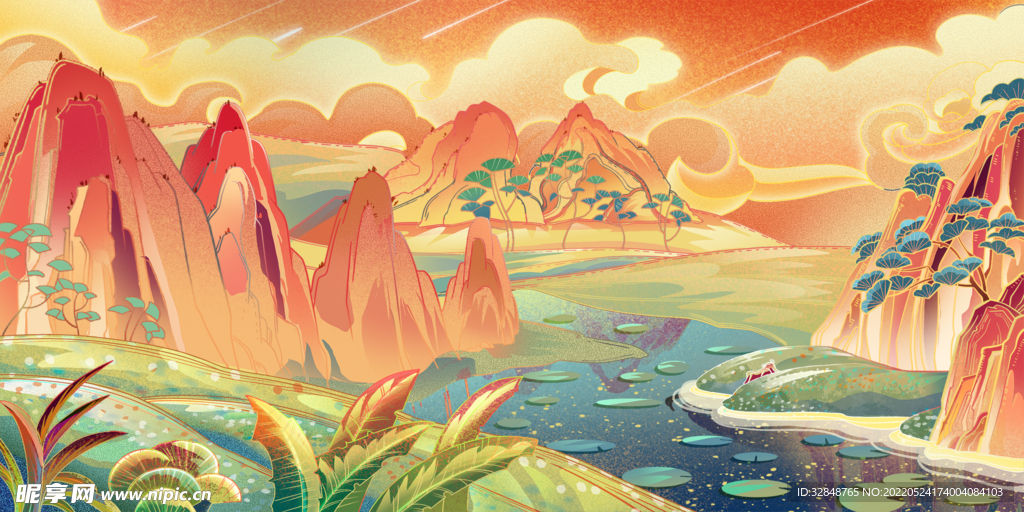 国潮中国风山水手绘插画