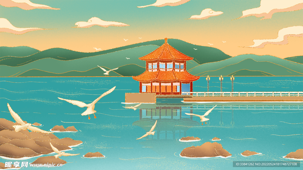 手绘中国风河边凉亭插