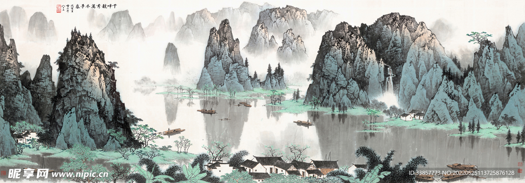白雪石国画山水大幅背景墙