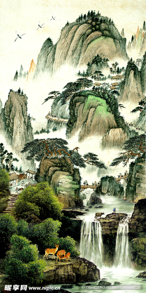 国画山水鹿鸣山间