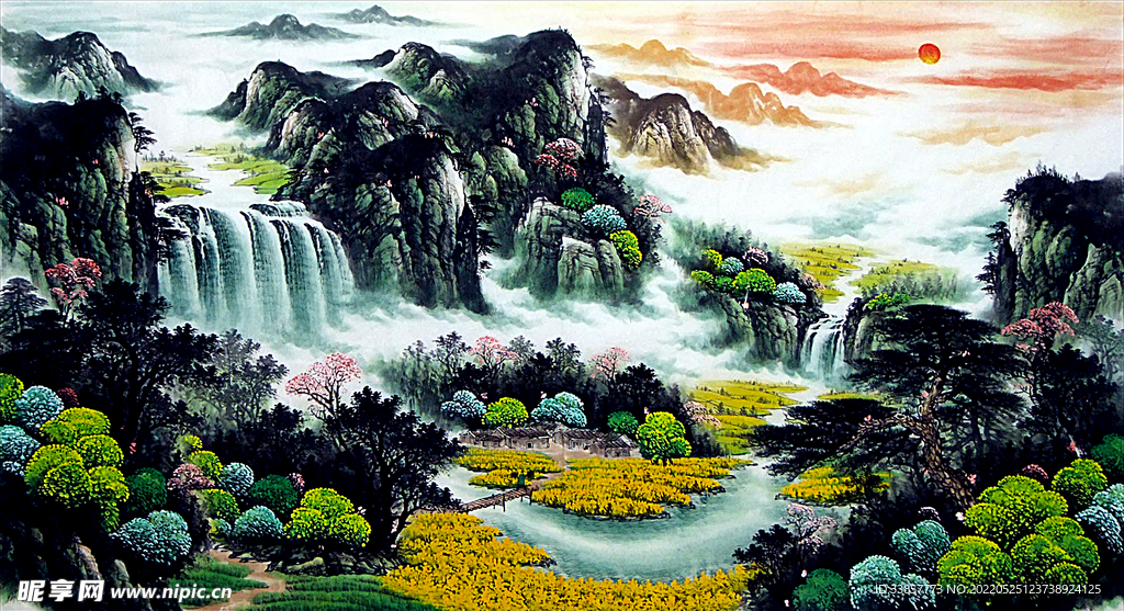 国画旭日东升聚宝盆