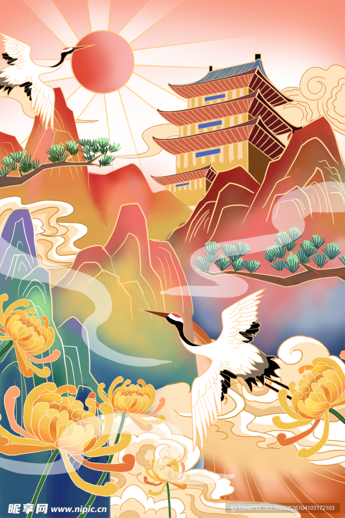 中国风手绘建筑插画海报