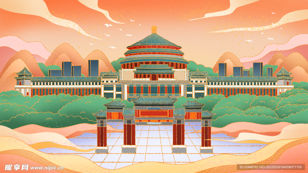 中国风新中式建筑手绘插画