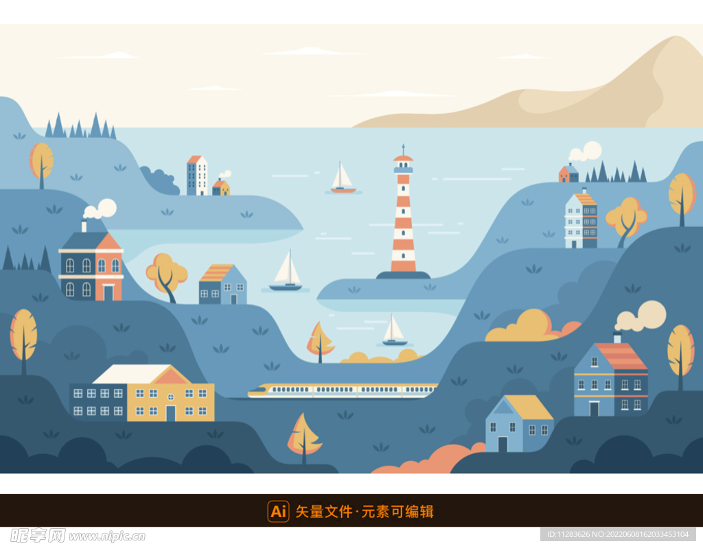 扁平灯塔港口插画