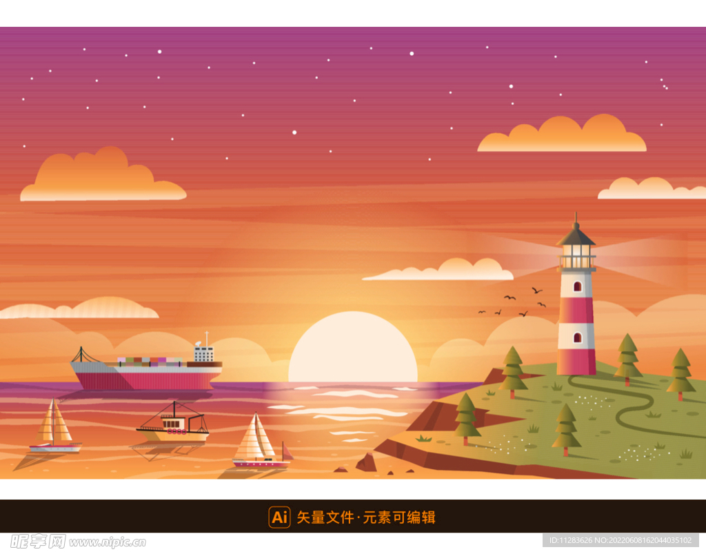 日落港口灯塔插画
