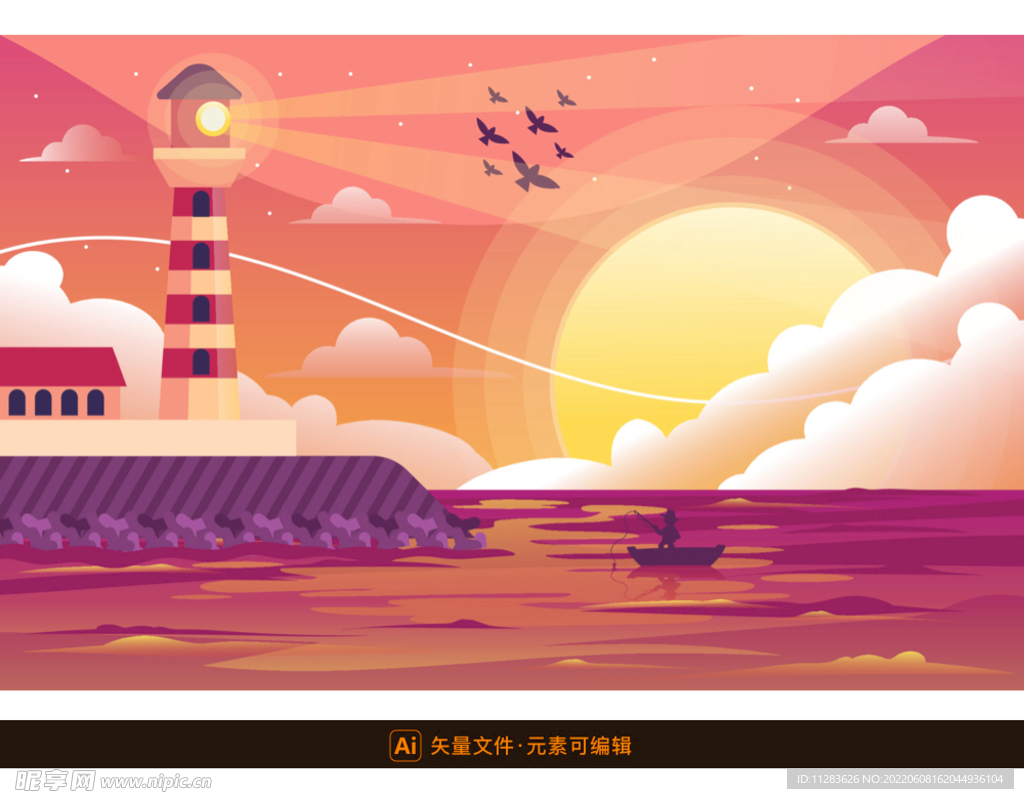 夕阳灯塔海报