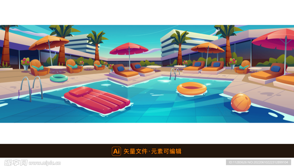 度假酒店游泳池插画
