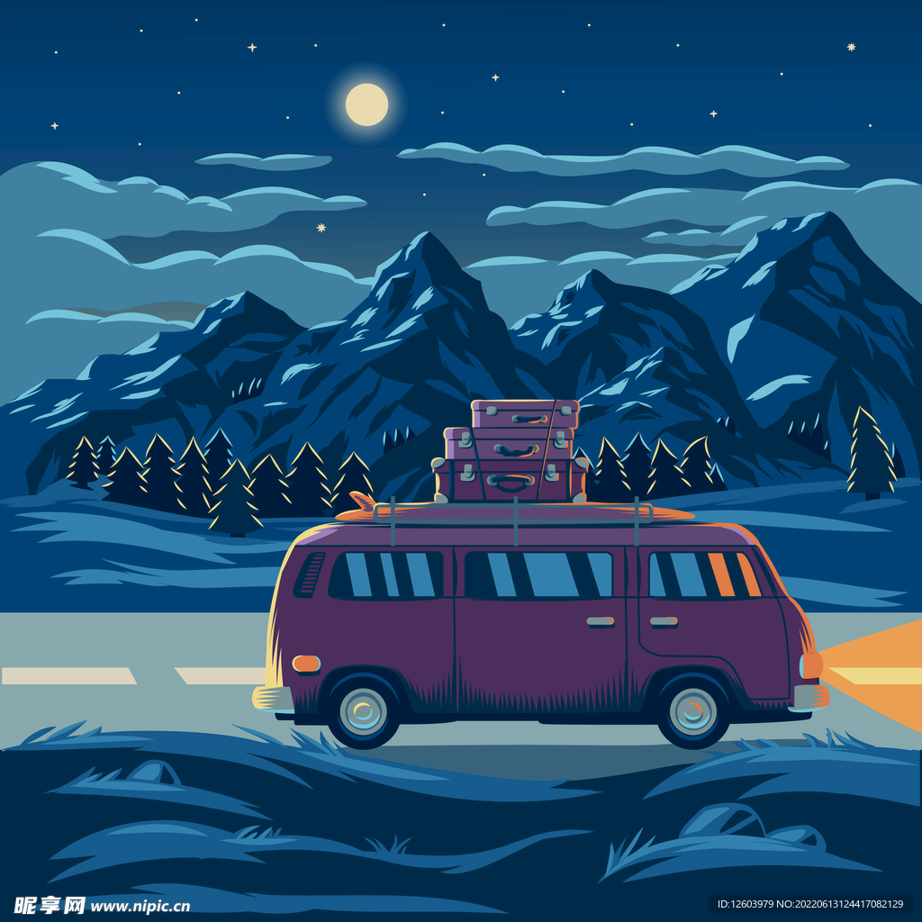 矢量夜景山丘汽车插画