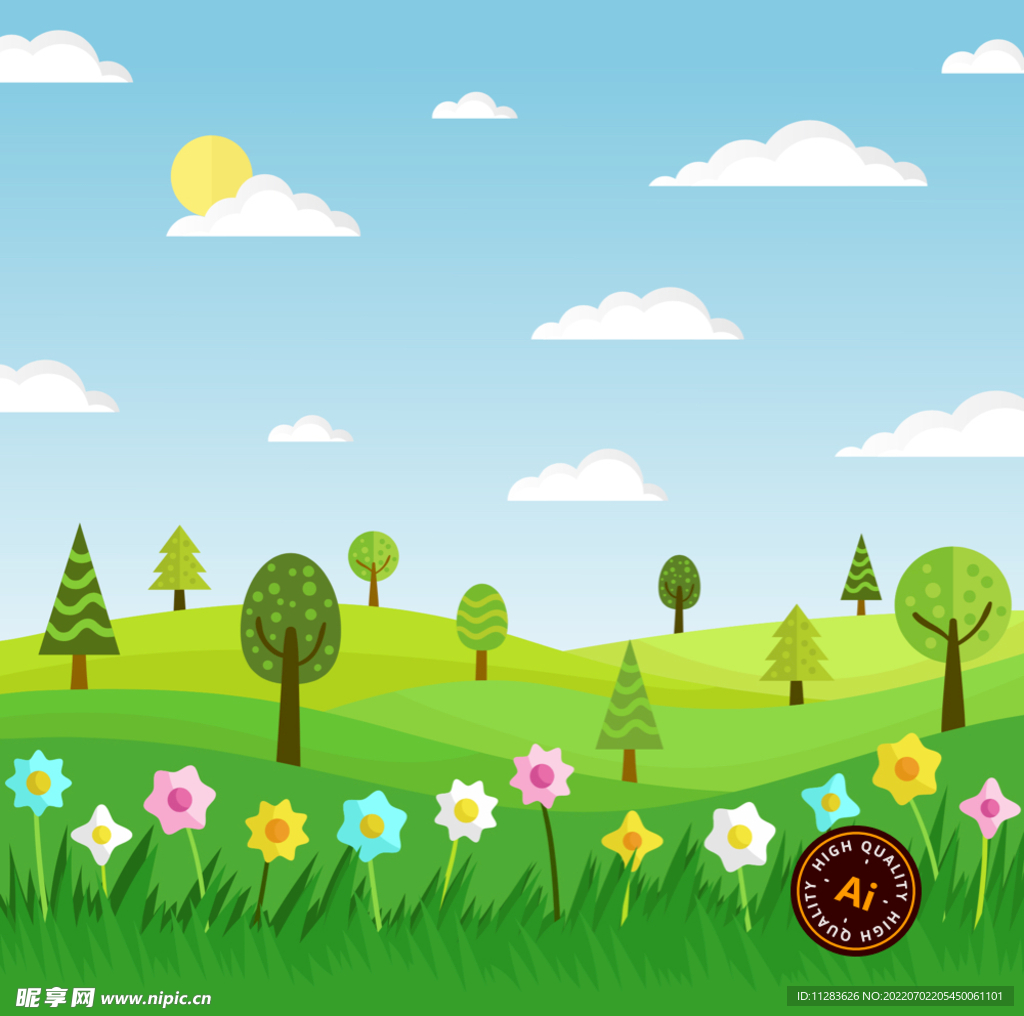 蓝天白云草地卡通背景