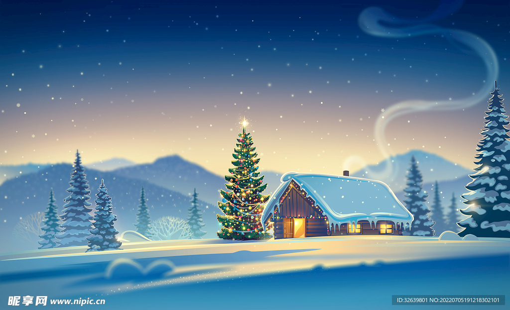  风景插画 圣诞树 雪夜