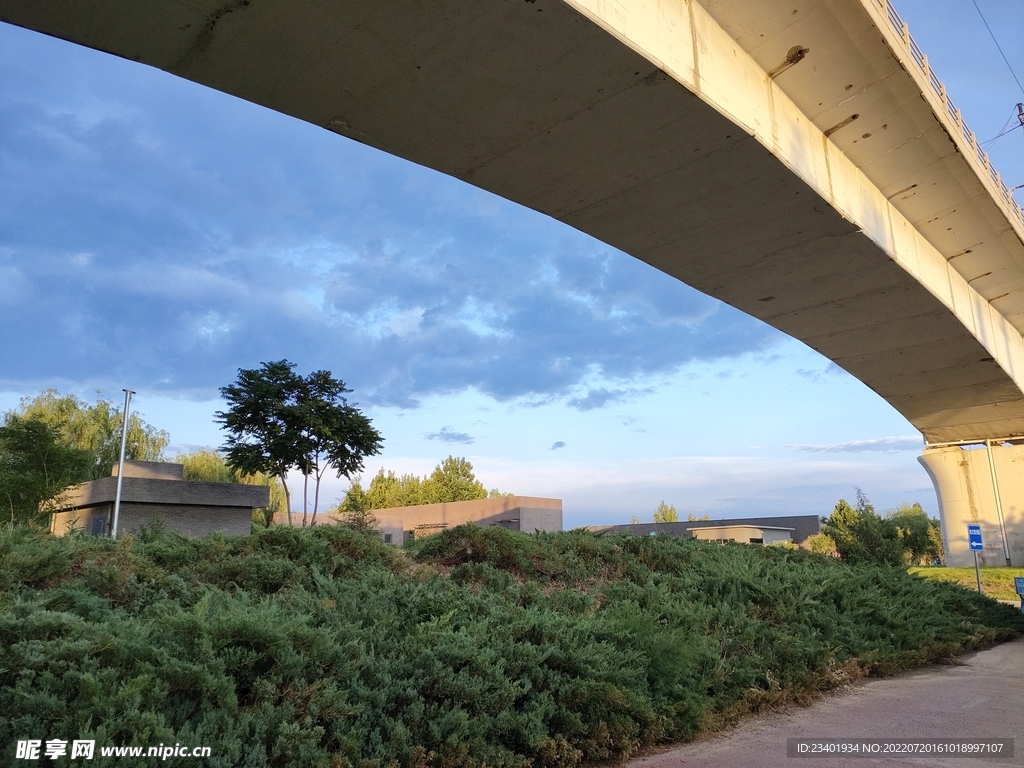 高架桥下蓝天白云绿草地