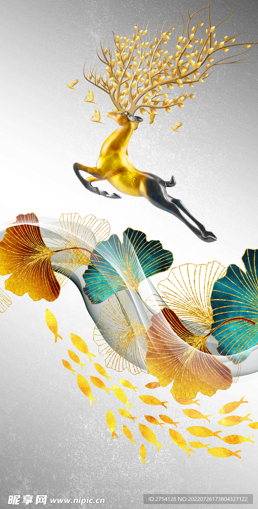 轻奢装饰画 弧线杏叶麋鹿