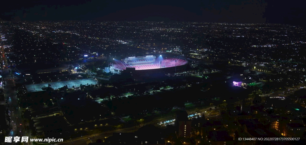 鸟瞰航拍城市体育场馆霓虹夜景