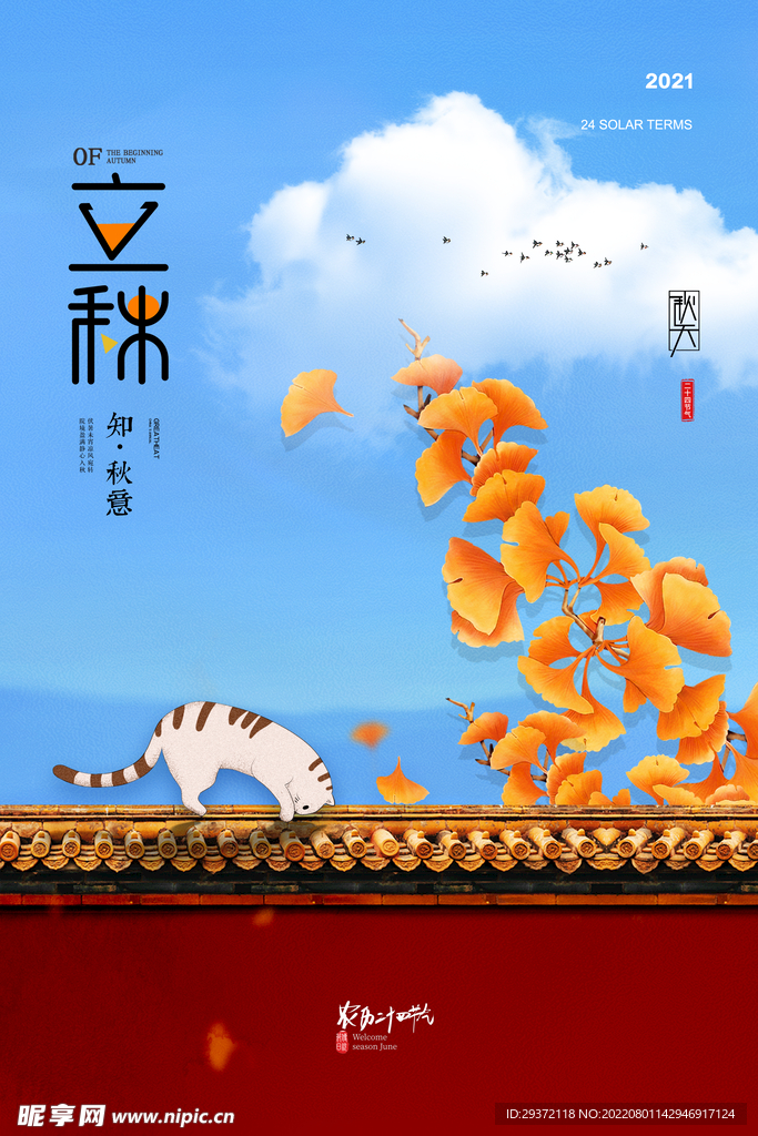 简约大气城墙猫咪插画立秋节气