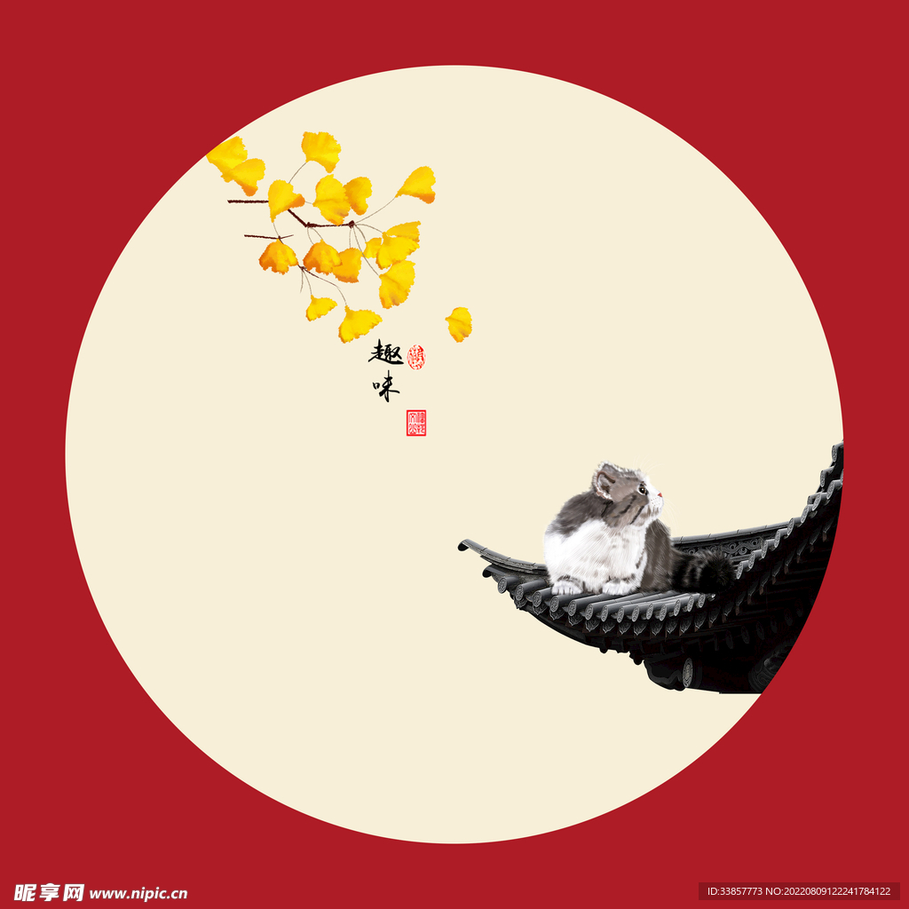国潮元素圆形装饰国画