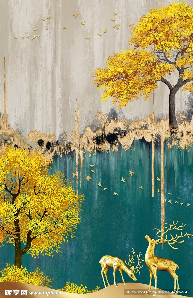 空间金色招财树客厅玄关装饰画