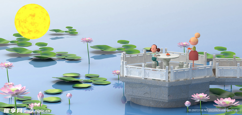 c4d人物3d荷花荷叶荷塘月色