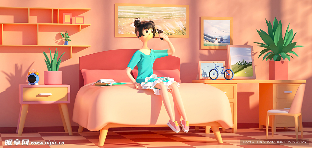 C4D立体卡通人物粉色背景