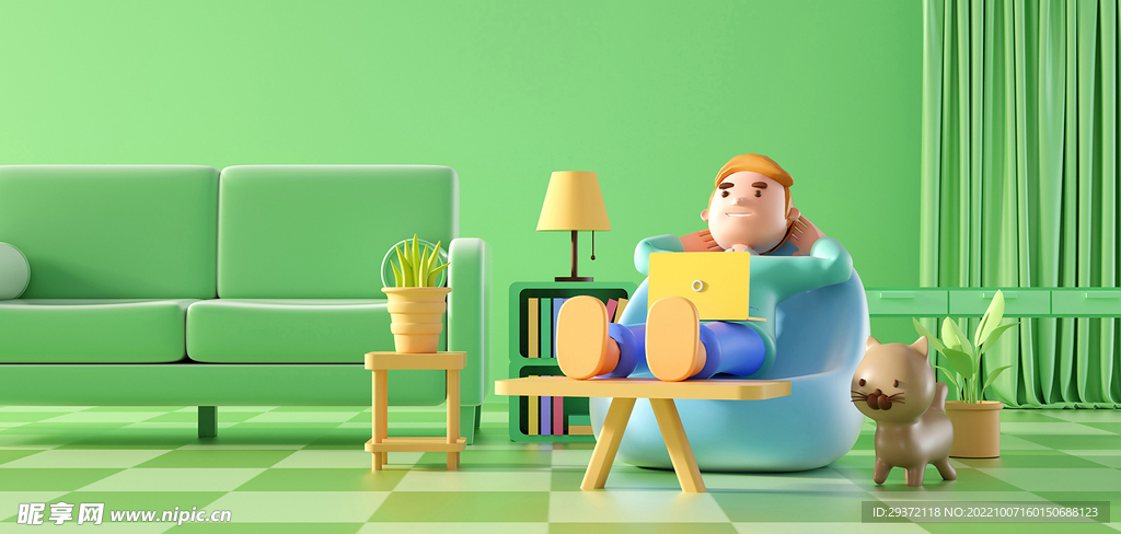 卡通绿色c4d人物场景