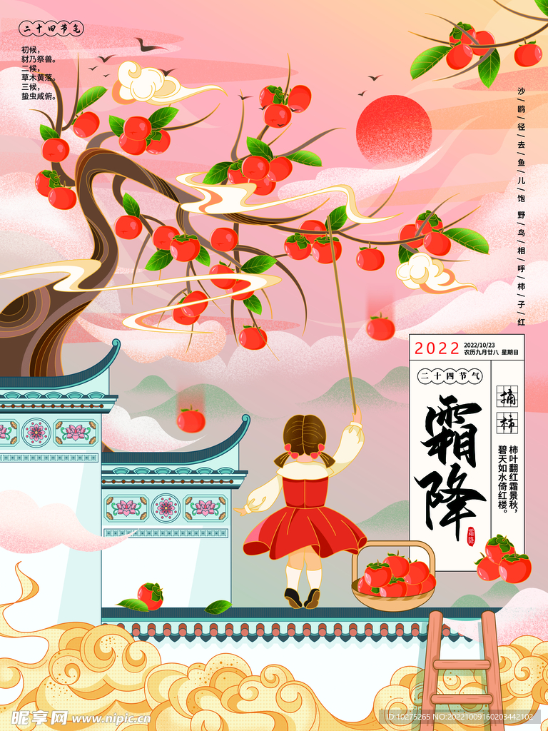 霜降节气摘柿子国潮手绘插画海报